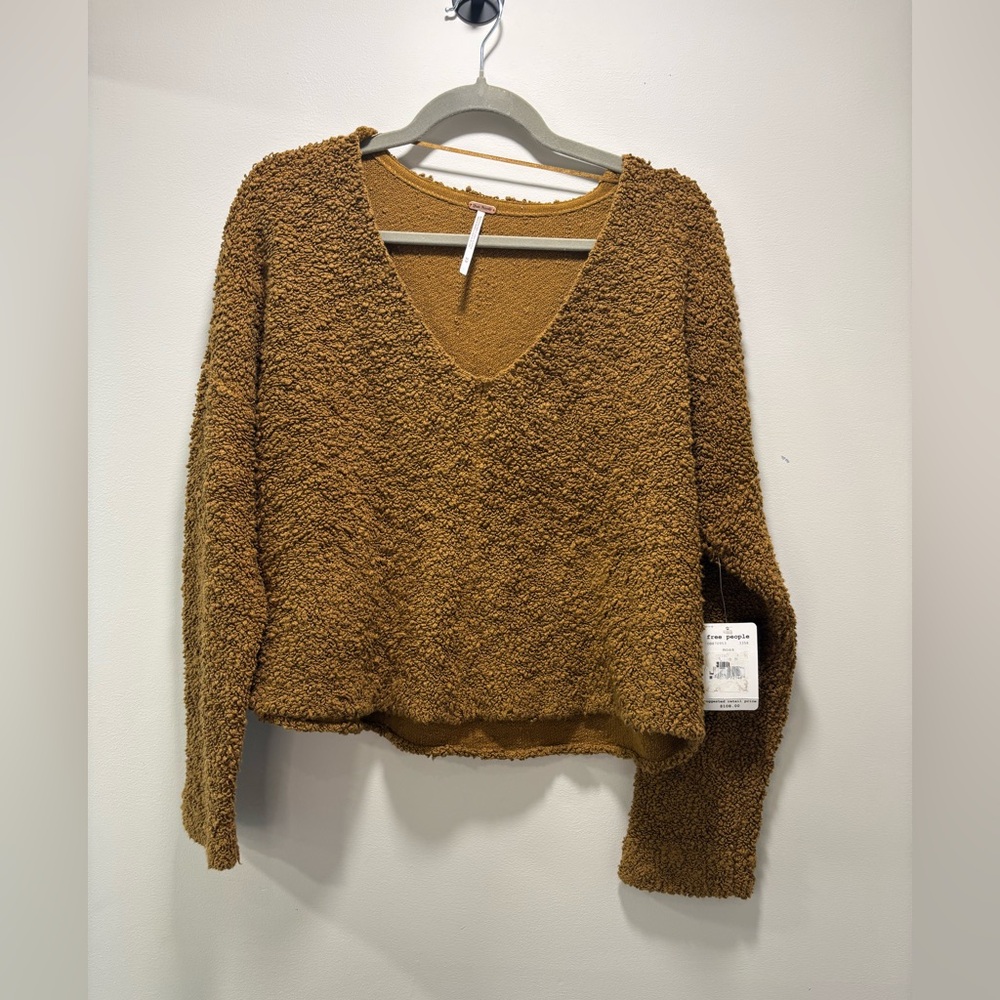 Free People Textured V-Neck Popcorn Sweater in Camel Brown